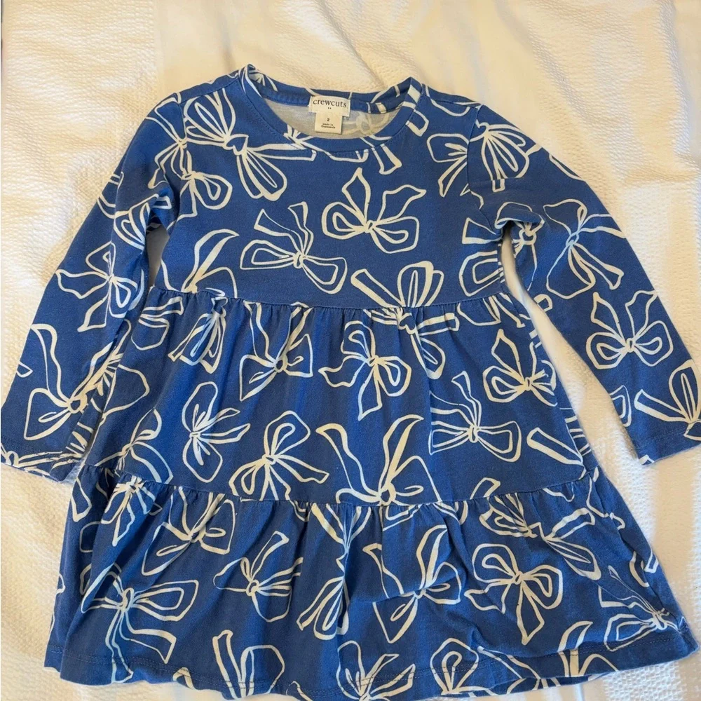 Crewcuts Royal Blue Bow-Print Tiered Long-Sleeve Dress